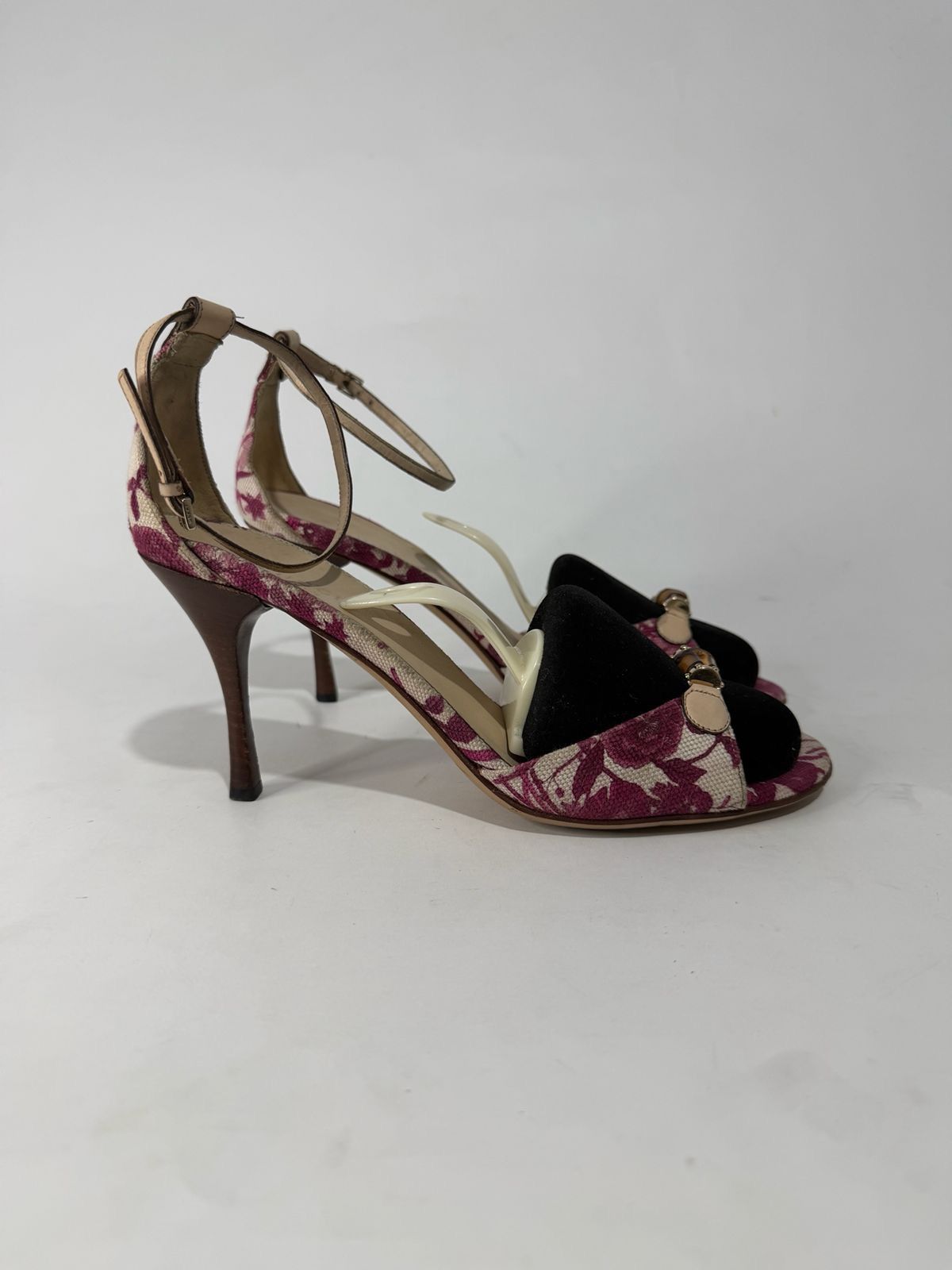 Gucci Pink Flora Canvas Bamboo Ankle Strap Sandals EU38