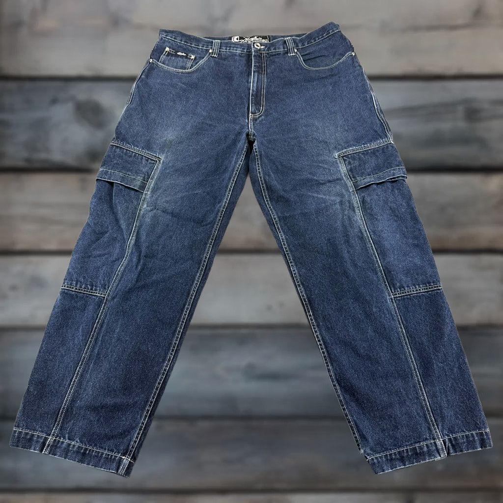 Karl Kani VINTAGE Karl Kani Jeans Mens 42x34 Blue Cargo Dark Wash Skater Loose Baggy 90s Jeans Mens Regular 42 Blue Vintage Classic Casual Western Mens Size US 42 / EU 58 - 1 Thumbnail