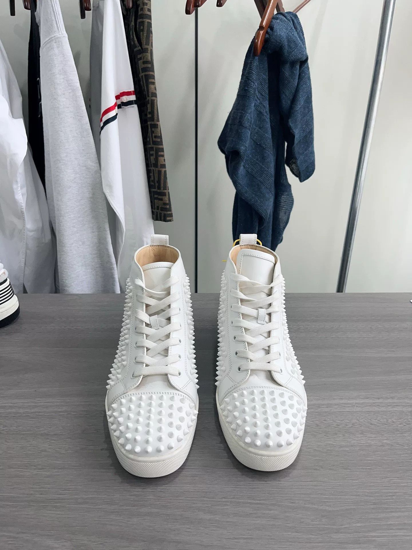 Christian Louboutin Christian Louboutin White High-Top Spiked Sneakers Size US 10 / EU 43 - 1 Thumbnail