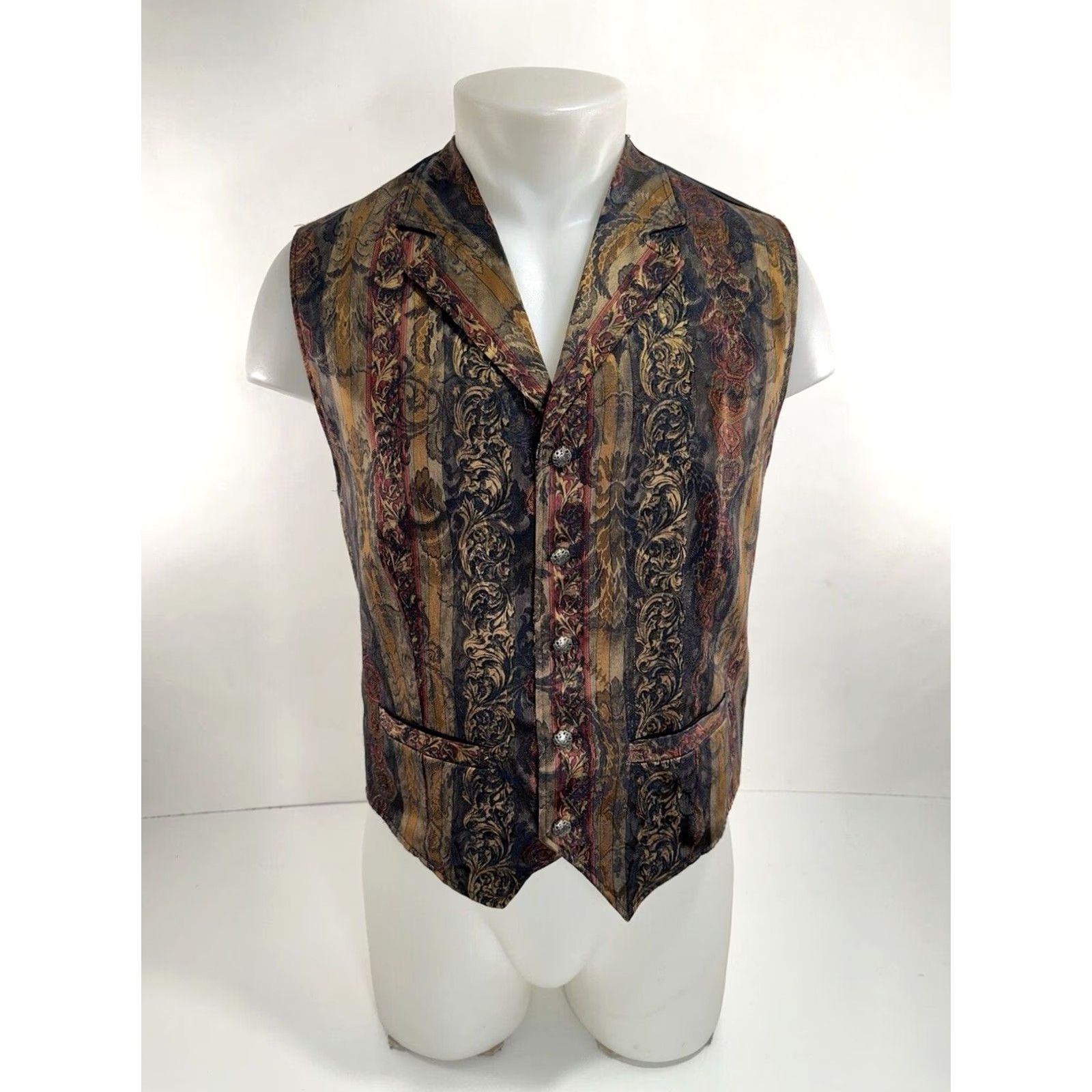 Vintage WAH MAKER Striped Paisley Floral Metal Button Western Shiny M Vest - EXCELLENT Size US M / EU 48-50 / 2 - 2 Thumbnail