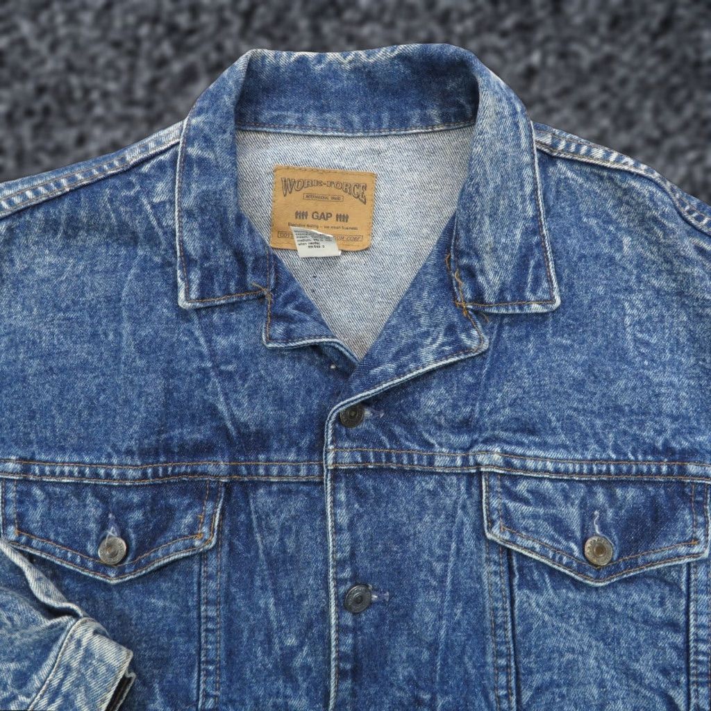 VTG Gap Jacket Mens Small Denim Type 3 Distressed Trucker Fades Coat USA Blue 80s 90s Biker Workwear Shirt Mens Short Coat (adjusted within rules)