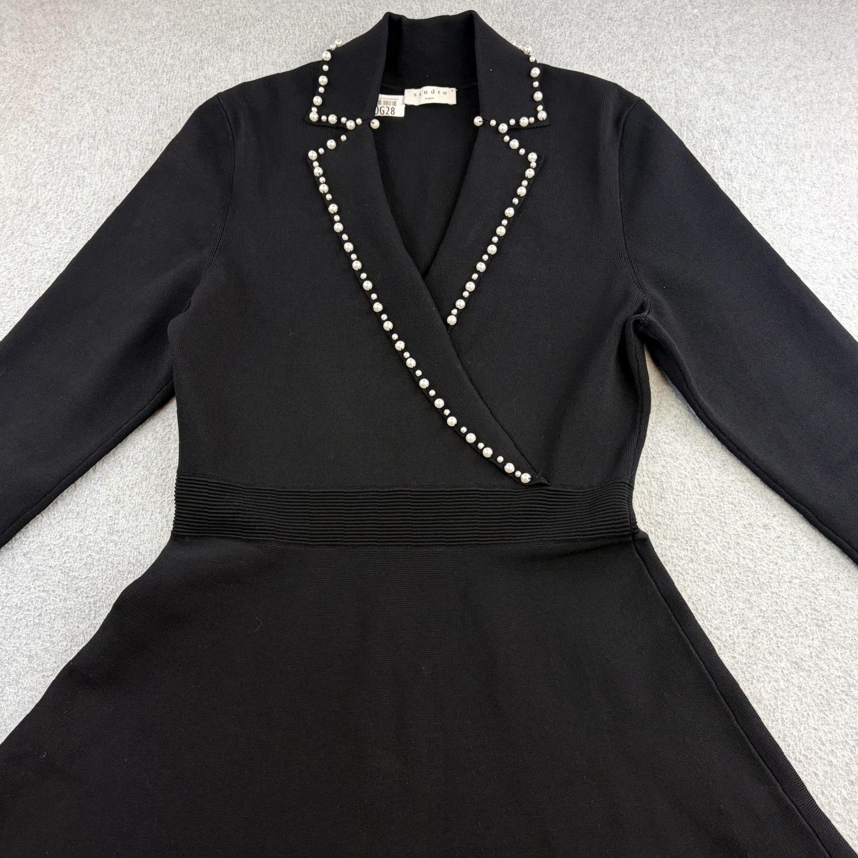 Sandro Sandro Dress Womens 42 Black Knit Pearl Trim Collar Fit & Flare Long Sleeve Dress Size M / US 6-8 / IT 42-44 - 4 Thumbnail