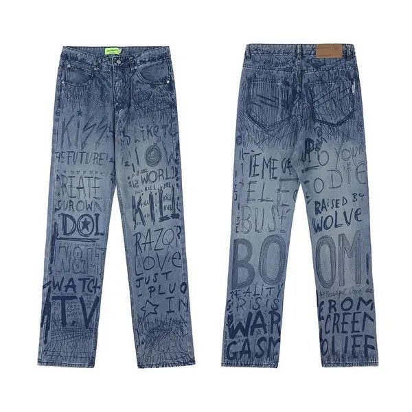 Japanese Brand Buggy jeans for men and women with graffiti print y2k Size US 34 / EU 50 - 3 Thumbnail