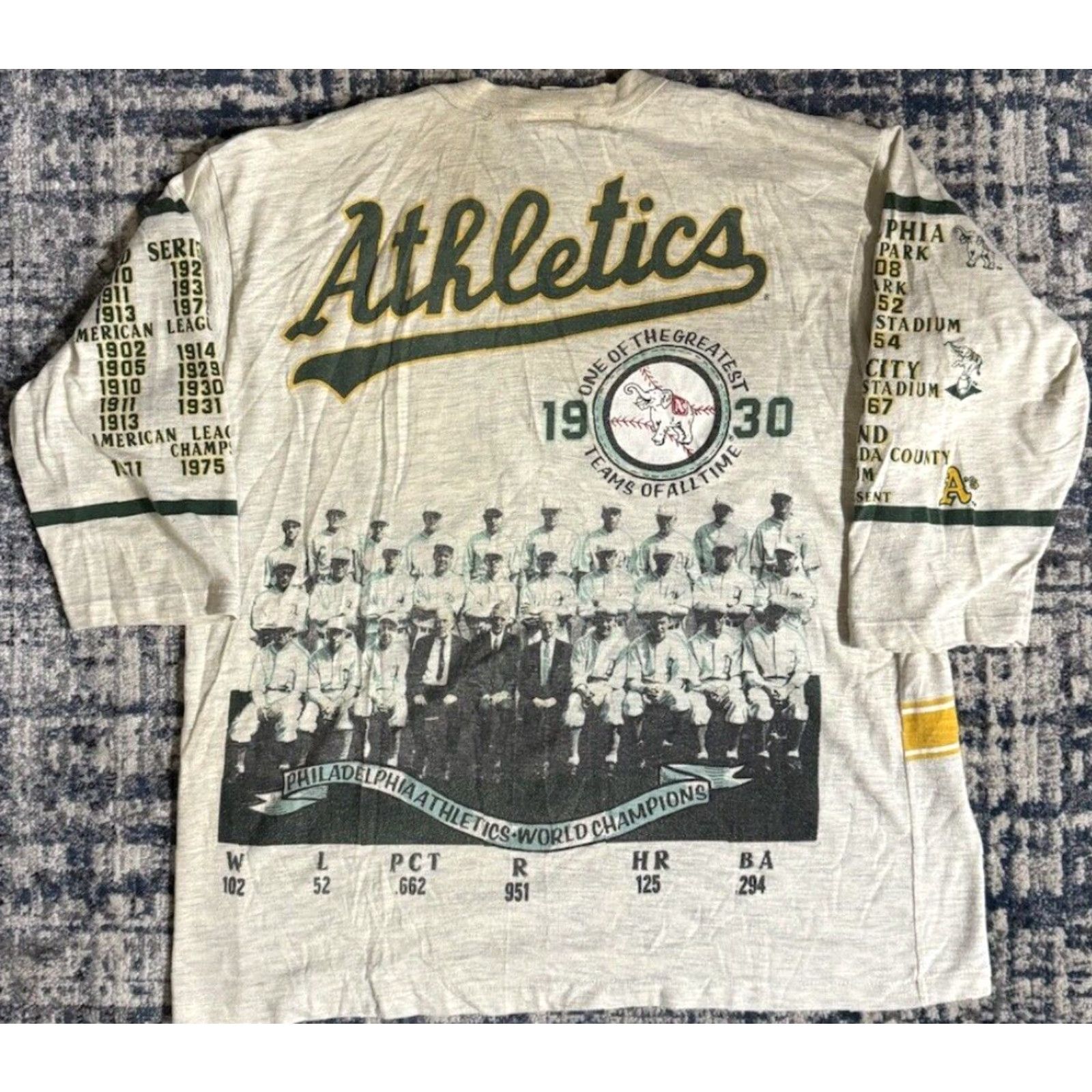 Vintage VINTAGE 1990 Oakland Athletics World Champions Long Gone T Shirt XL Gray Crew Neck 3/4 Sleeve Men 90s Sports Logo Double-Sided Size US XL / EU 56 / 4 - 2 Thumbnail