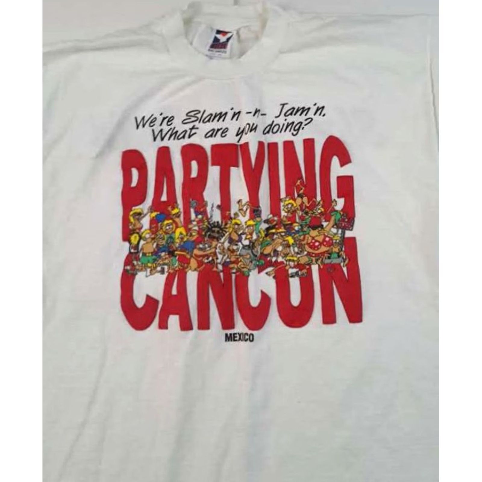 Vintage Slam'n&Jam'n Cancun Cartoon Party T-Shirt size L White 1995 single stitch Men Size US L / EU 52-54 / 3 - 3 Thumbnail