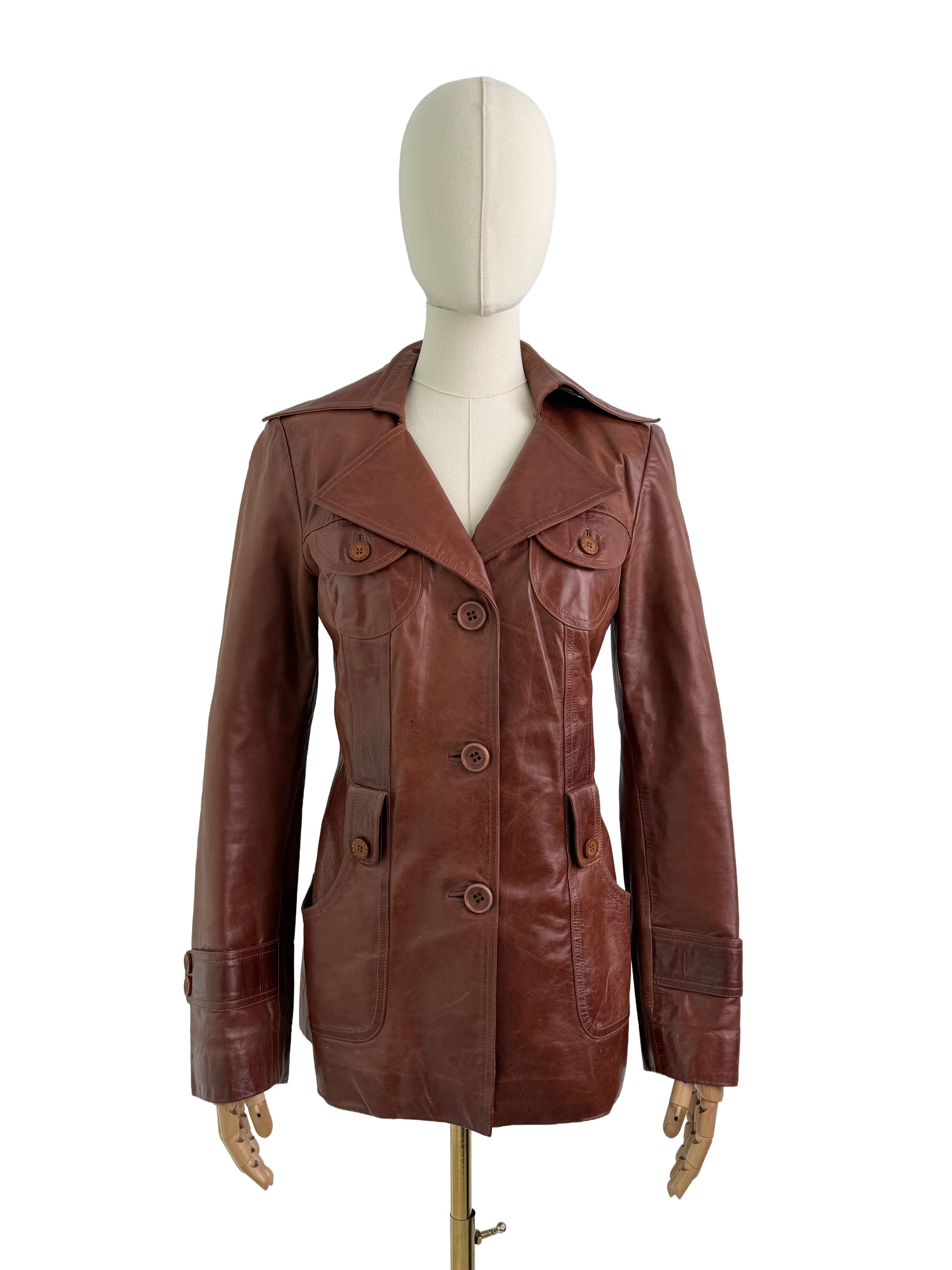 Vintage Vintage Brown Leather Jacket Button Front Retro Mid Length Size S / US 4 / IT 40 - 1 Thumbnail