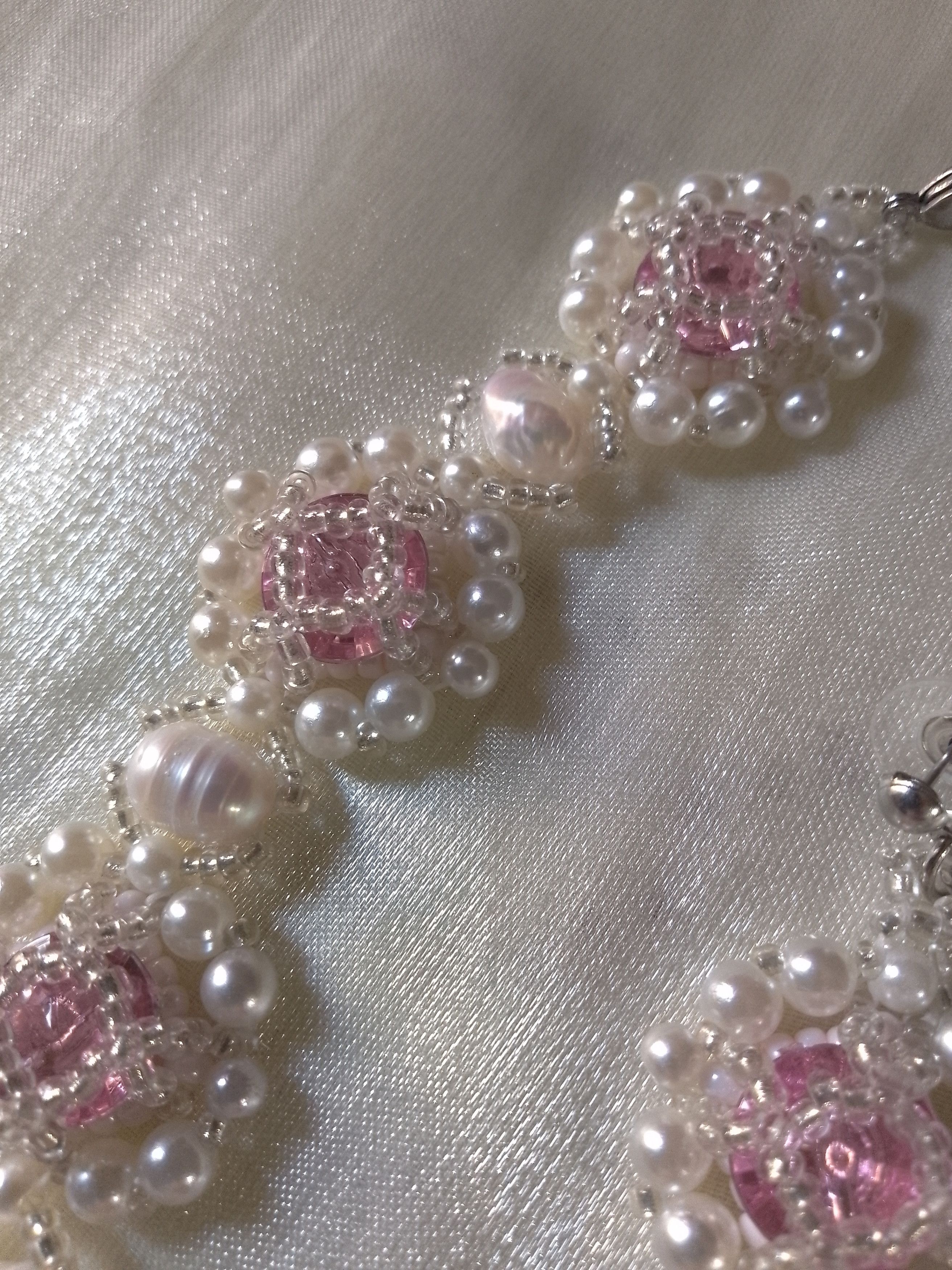 Handmade Jewelery Set Bracelet earrings pink zircons natural pearls Size ONE SIZE - 2 Thumbnail