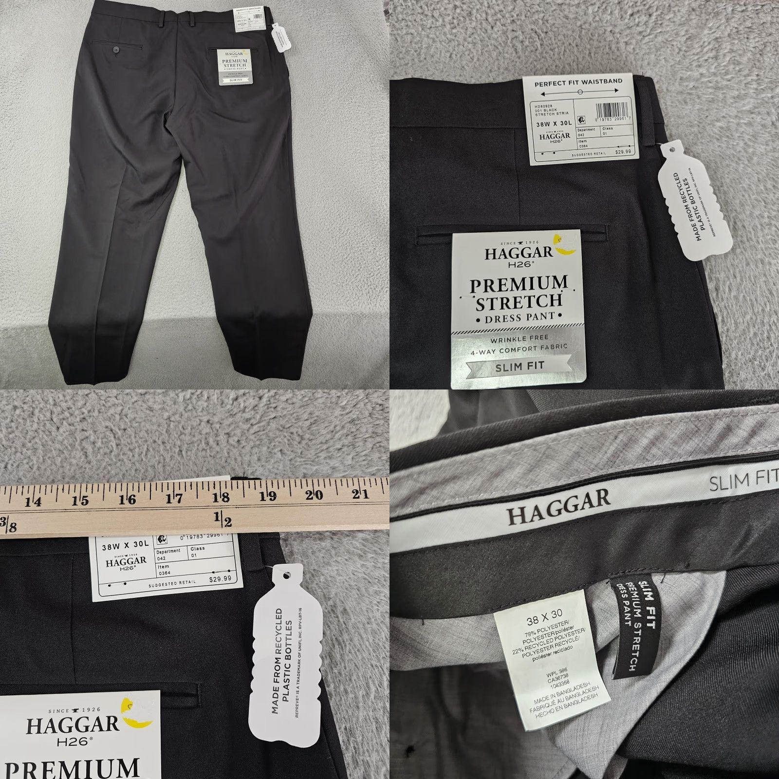Haggar Haggar H26 Premium Stretch Dress Pants Mens 38x30 Black Slim Fit Wrinkle Resistant Front Flat Front Workwear Tapered 4-Way Comfort Stretch Size US 38 / EU 54 - 8 Thumbnail