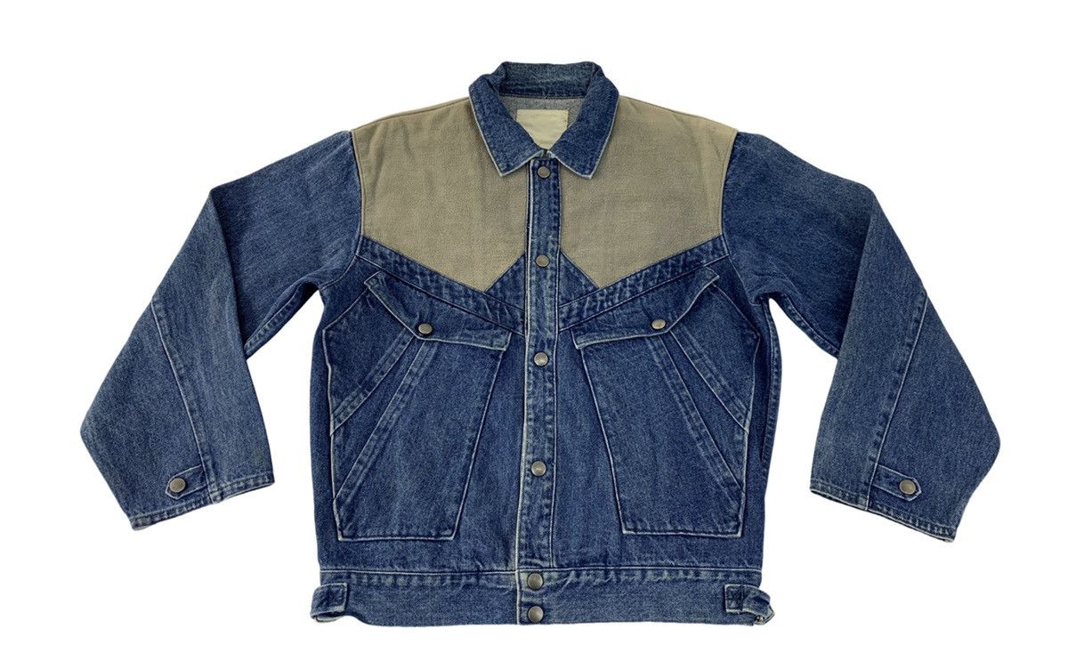 image of Vintage Indigo Denim Jacket Classic Trucker Mix Leather, Men's (Size Medium)