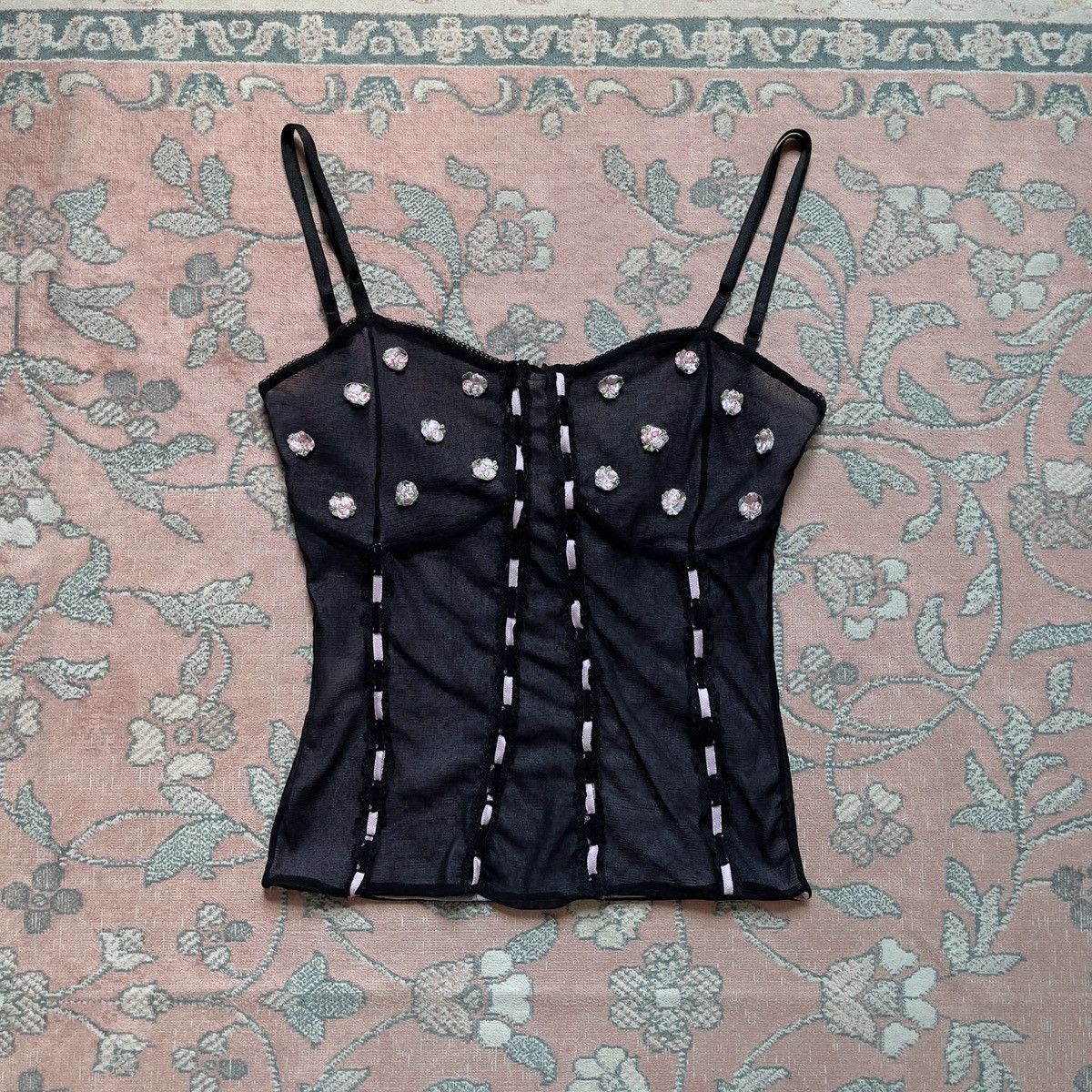 Vintage Vintage Black Floral Mesh Semi-Sheer Camisole (Small) Size S / US 4 / IT 40 - 2 Thumbnail
