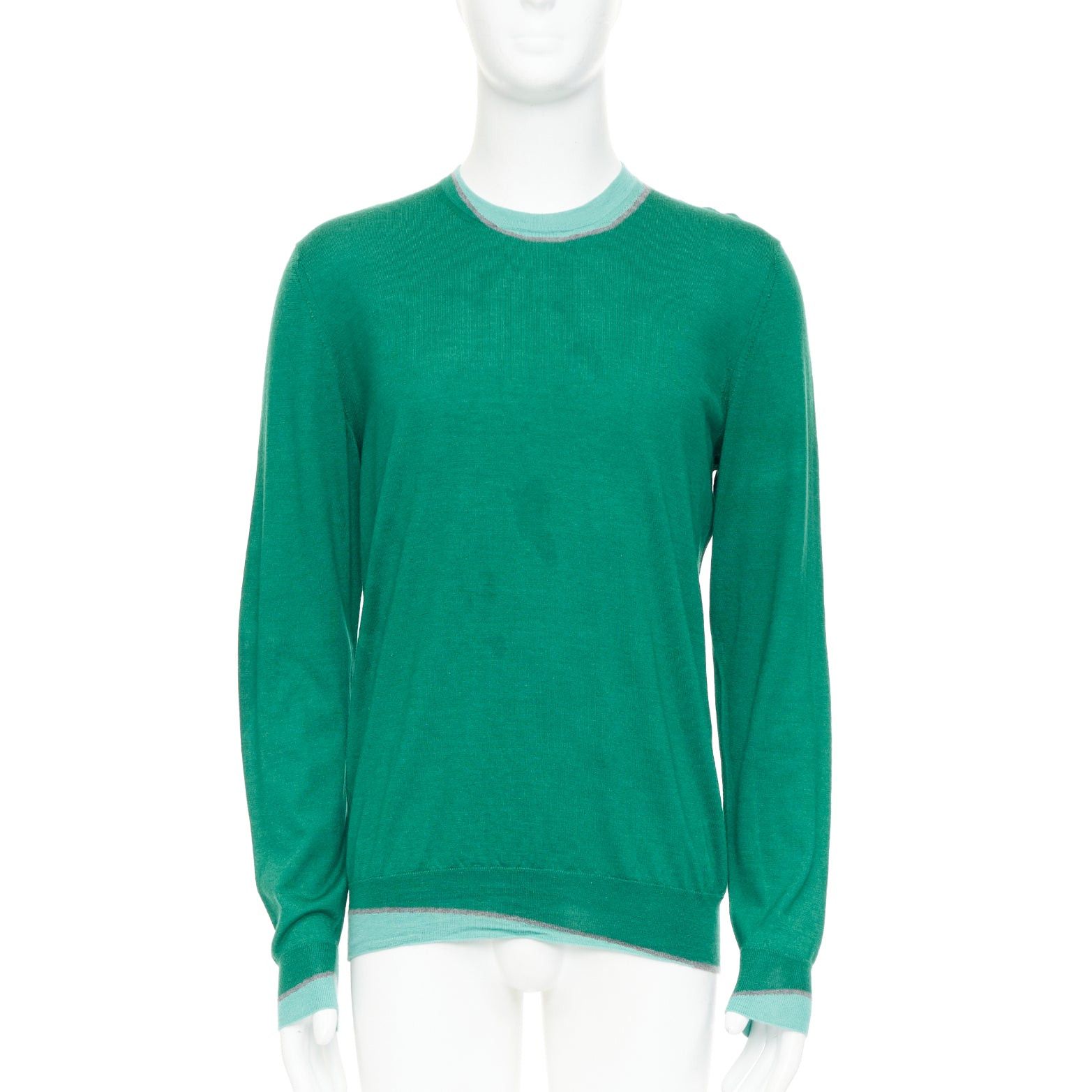 Hermes HERMES cashmere silk blend green blue border trompe loeil crewneck sweater Size US L / EU 52-54 / 3 - 1 Thumbnail