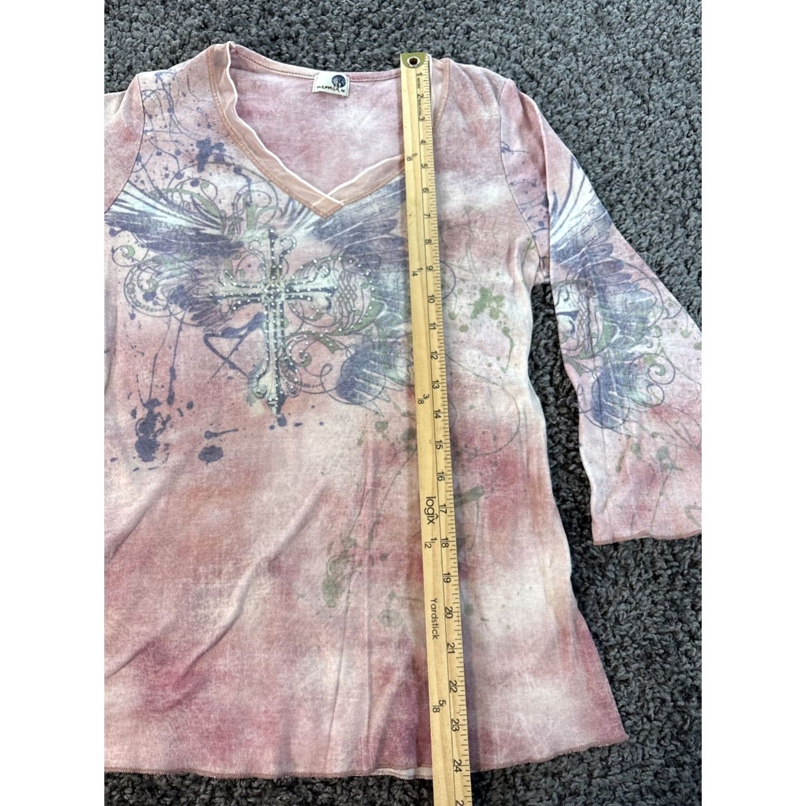 Gloverall VINTAGE Oneworld Blouse Top 3/4 Sleeve Womens Medium Pink Rhinestone Wings Y2K V-Neck Women Mens? Size M / US 6-8 / IT 42-44 - 2 Thumbnail