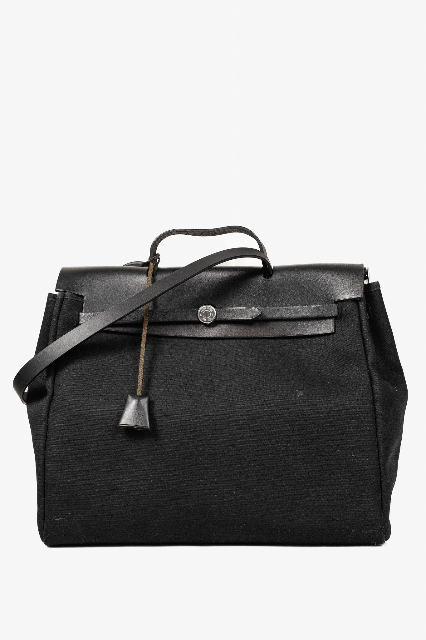 Hermes Vintage Herbag 39 Canvas Leather-Trim Top Handle Bag in Black, Women's