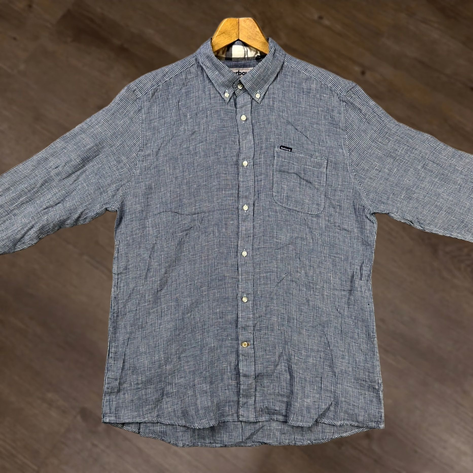 Barbour Barbour Mens Button-Down Linen Shirt Medium Blue Houndstooth Plaid Flip Cuff Shirt Size US M / EU 48-50 / 2 - 1 Thumbnail