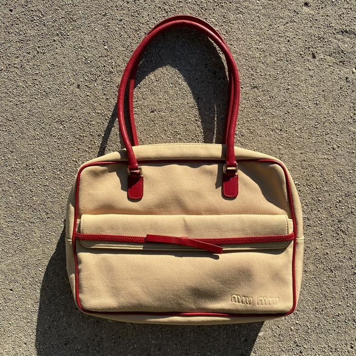 Vintage Miu Miu 2000 SS Beige/ Red Bow Canvas Shoulder Bag | Grailed