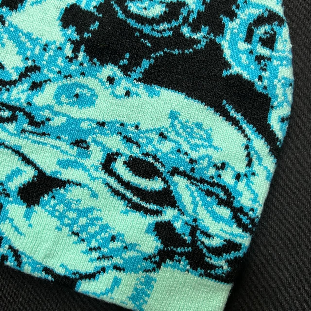Japanese Brand Repeating Skull Pile Graphic No Cuff Knit Beanie Blue Hat Size ONE SIZE - 3 Thumbnail