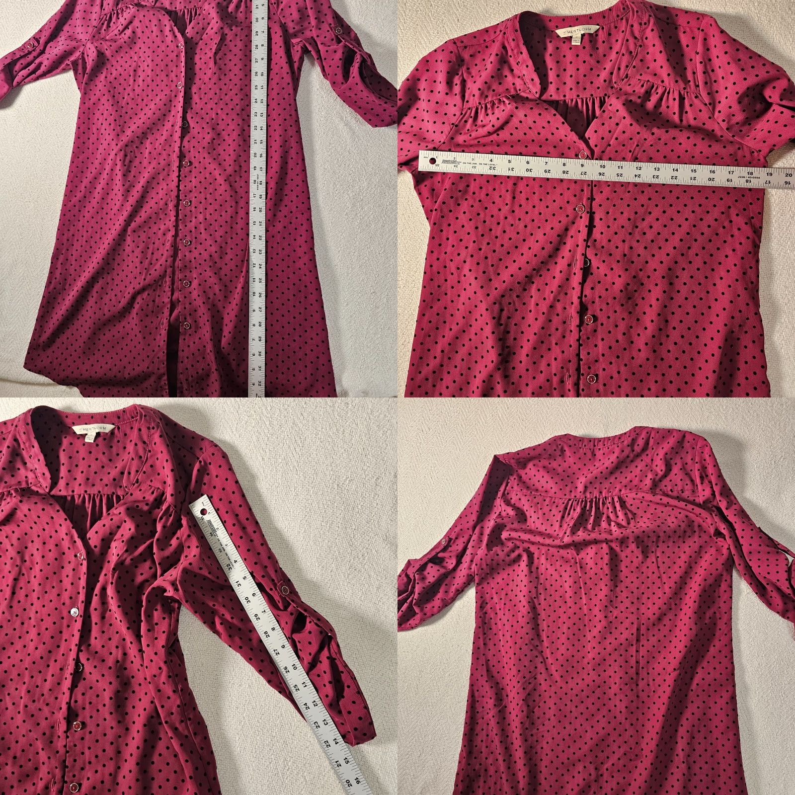 Vintage 41 Hawthorn Women Burgundy Polka Dot Above Knee Button Up Dress XS - 3/4 Sleeve, V-Neck, Belted, Short Dress, Regular, Fall Spring Summer, Women Size XS / US 0-2 / IT 36-38 - 8 Thumbnail