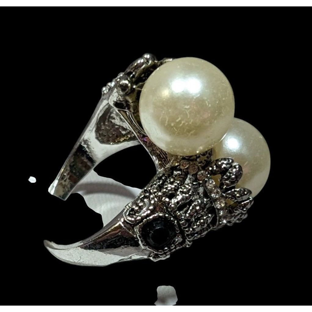 Other Vintage Glam Faux Pearl Cocktail Ring With Black Rhinestone Size ONE SIZE - 3 Thumbnail