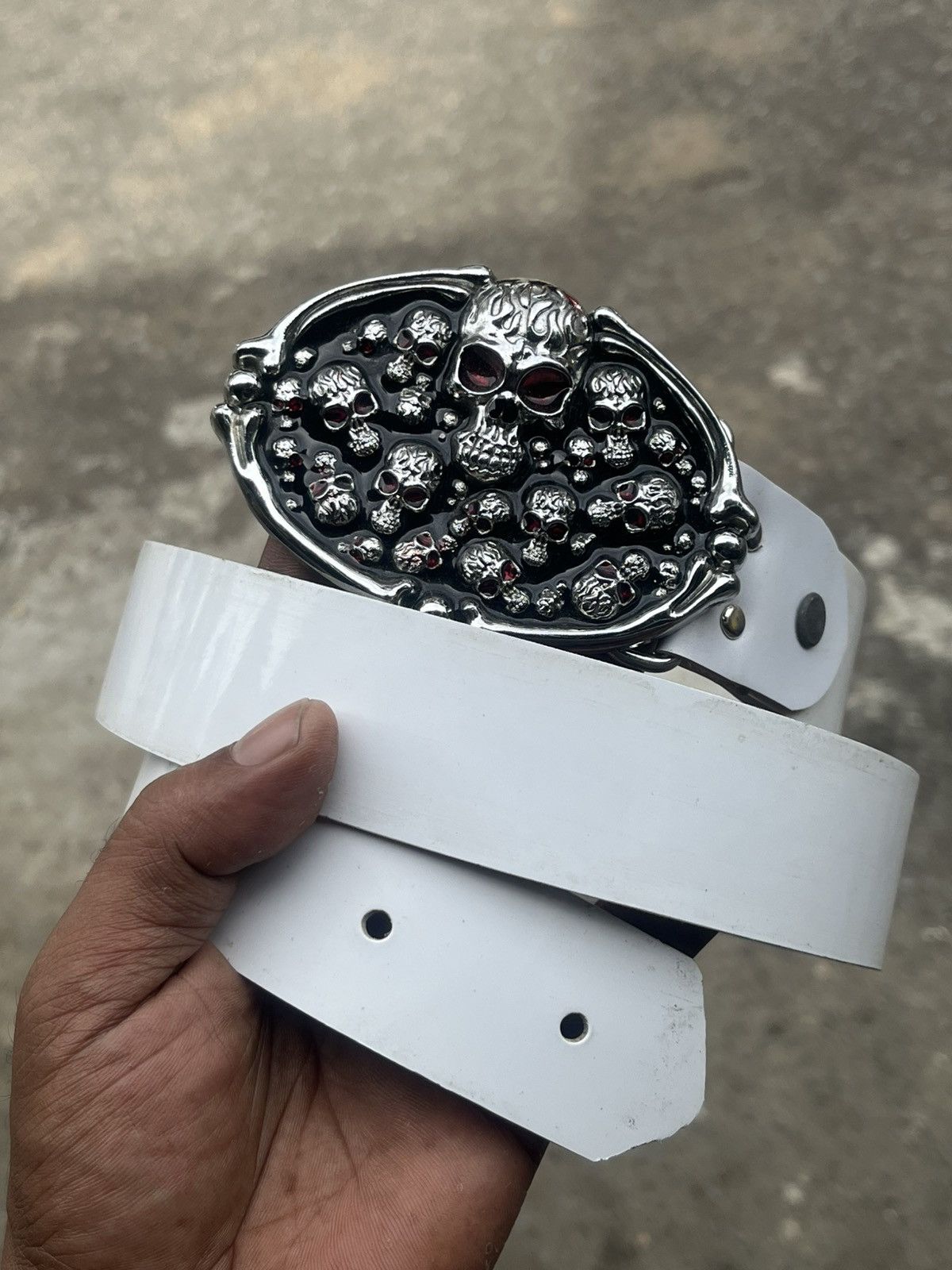 If Six Was Nine Gothic Skull Heavy Metal Buckle Belt White Size 32 - 3 Thumbnail