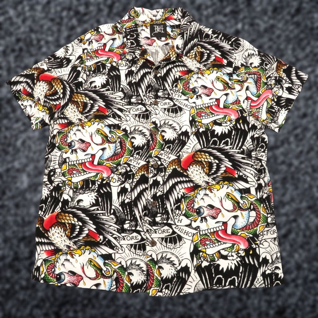 Ed Hardy Ed Hardy Shirt Mens Large Visocse Loop Collar Camp AOP Y2K Skull Punk Tattoo SS Shirt Mens L White Cotton Button-Up Collared Button Size US L / EU 52-54 / 3 - 1 Thumbnail