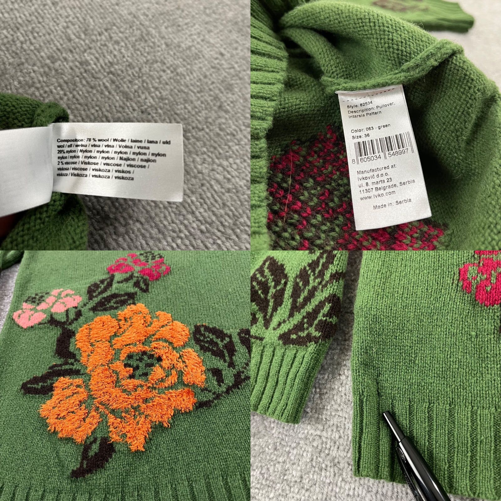 Vintage IVKO Sweater Womens Size 36 Small Green Intarsia Floral Wool Art Pullover Boho Size XS / US 0-2 / IT 36-38 - 8 Thumbnail