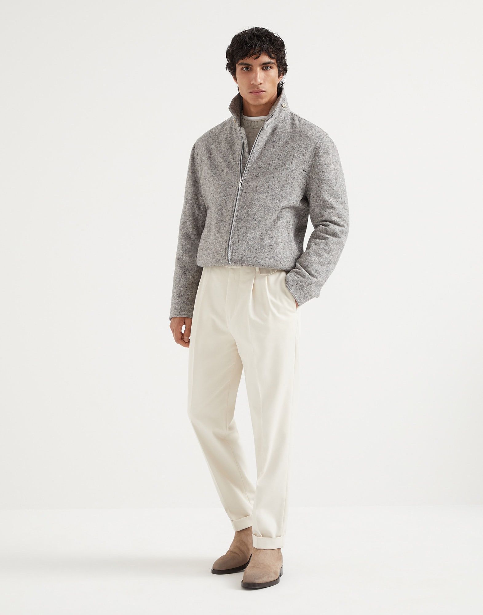 Brunello Cucinelli o1w1db10326 Silk Donegal Bomber Jacket in Grey Size US M / EU 48-50 / 2 - 4 Thumbnail