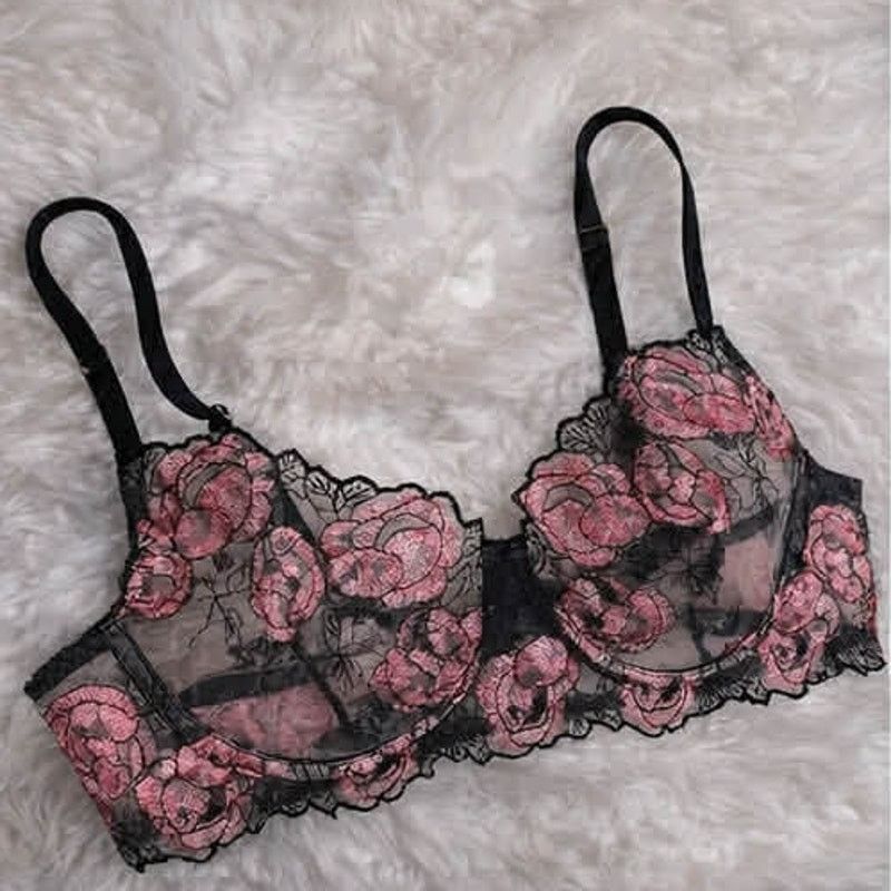 Other BRAND NEW Lace Mesh Black and Pink Rose Bra Lingerie Top 1XL Size ONE SIZE - 1 Thumbnail