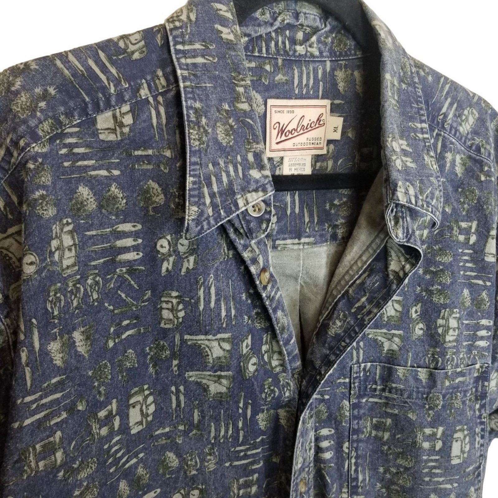 Woolrich Woolen Mills Vintage Woolrich Mens Denim Shirt All Over Print Hiking Camp Size US XL / EU 56 / 4 - 5 Thumbnail