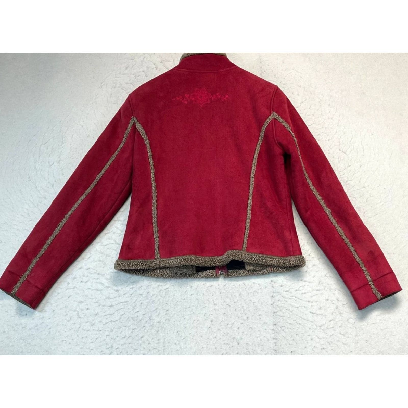 Vintage L.L.Bean Womens M Suede Feel Sherpa Lined Full Zip Jacket Embroidered Detail Red Shirt Size M / US 6-8 / IT 42-44 - 2 Thumbnail