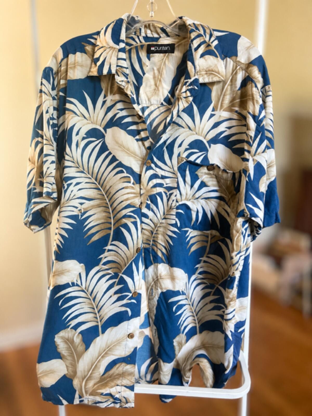 Puritan Puritan Blue and Beige Tropical Print Short Sleeve Shirt Size US M / EU 48-50 / 2 - 1 Thumbnail