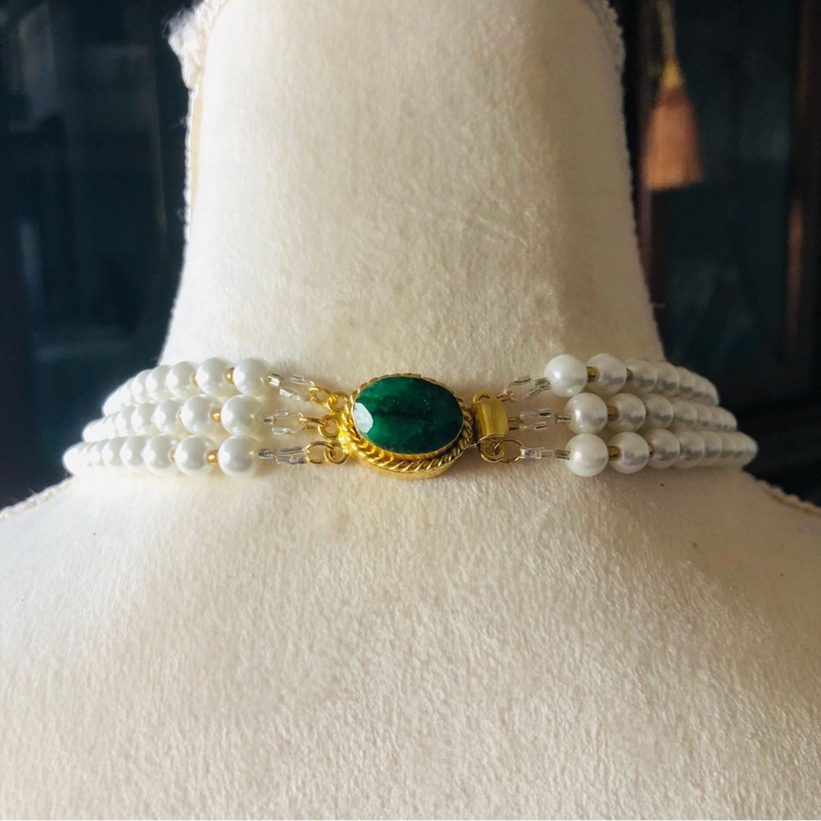 Handmade Handcrafted filigree teardrop Pearl genuine emerald neckla Size ONE SIZE - 7 Thumbnail