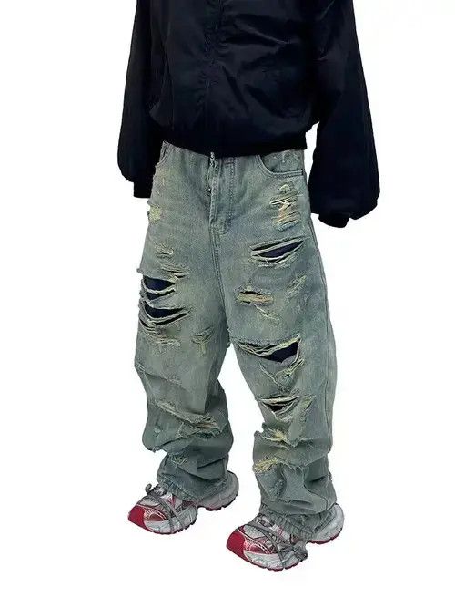VIBE Retro washed distressed double layer large hole tassel jeans Size US 32 / EU 48 - 4 Thumbnail
