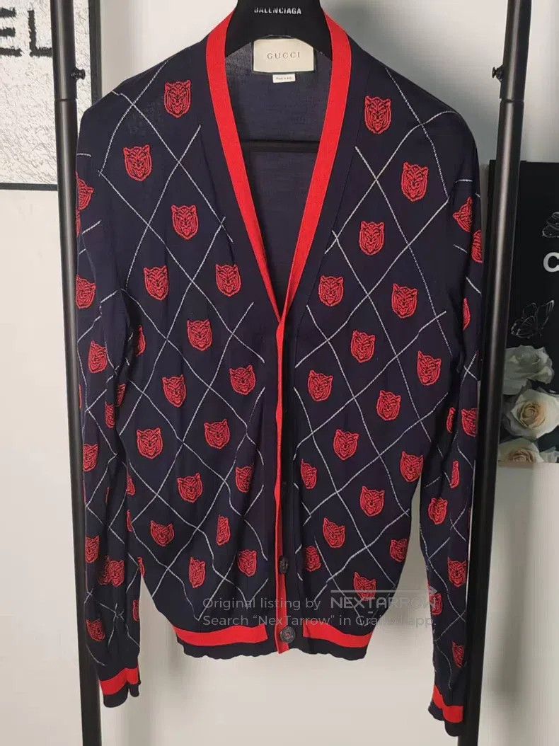 Gucci Gucci Full-print tiger head knitted cardigan coat Size L / US 10 / IT 46 - 1 Thumbnail