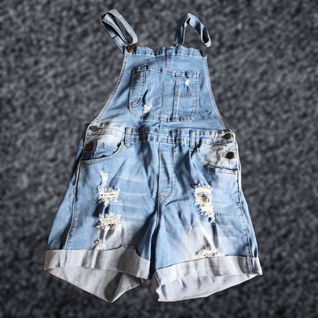 Vintage Juniors 5 SWEET LOOK Distressed Denim Shorts Overalls Shortalls Denim Blue Cotton Blend Jeans Shorts Distressed 5 Denim Sweet Look Size 27" / US 4 / IT 40 - 1 Thumbnail