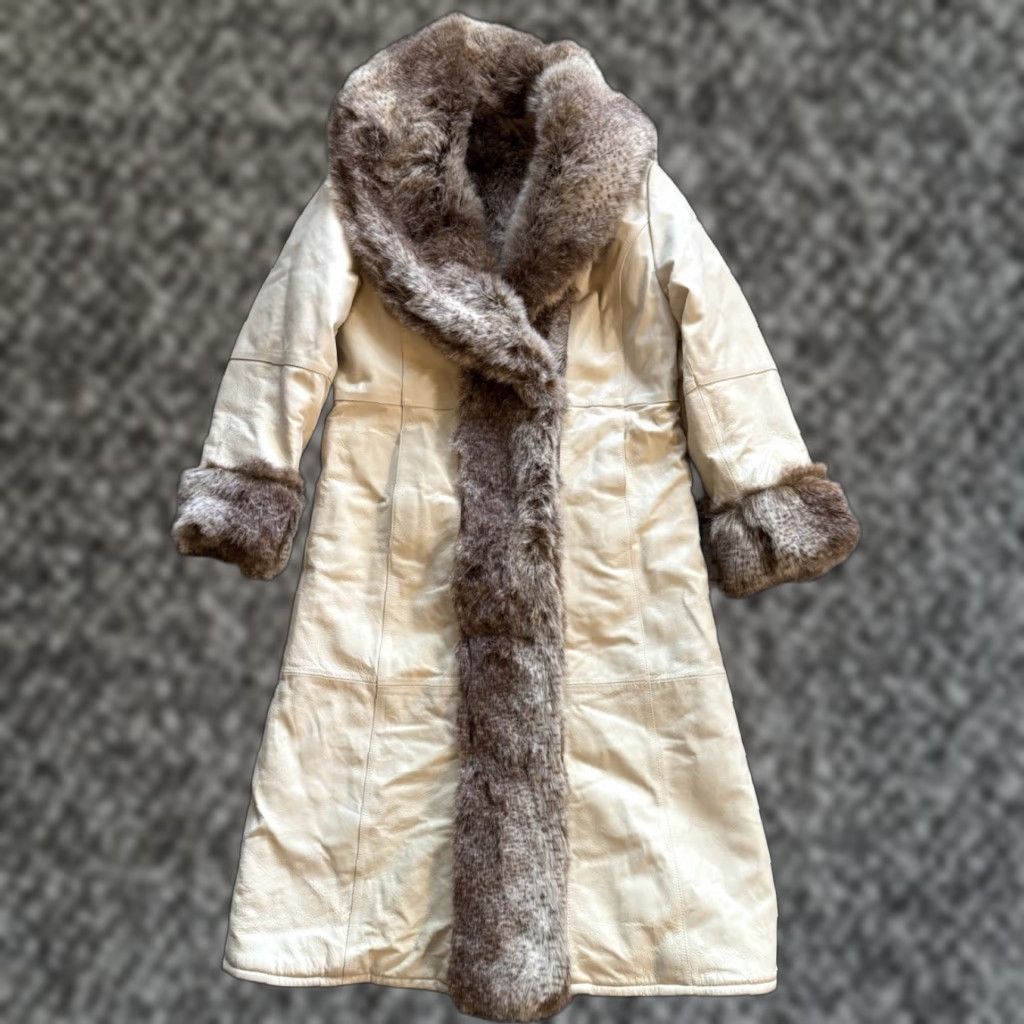 Vintage VINTAGE Excelled Collection Leather Afghan Coat Women's Sz S Ivory Fur Trim 90s Hippie Retro BOHO Long Coat with Pockets Leather Size S / US 4 / IT 40 - 1 Thumbnail