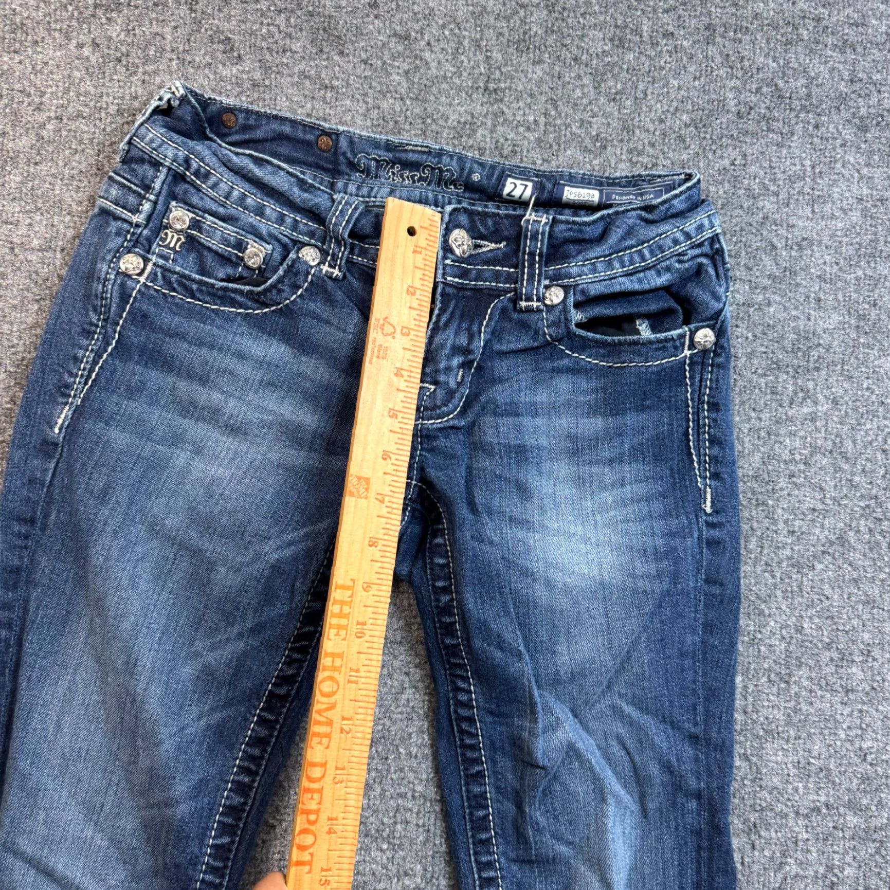 VINTAGE Miss Me Women's Bootcut Jeans 26x27 Low Rise Stretch Blue Embellished Flap Pockets Y2K