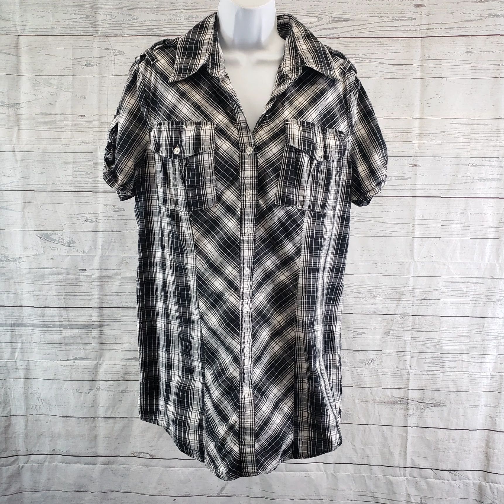 Norma Kamali VINTAGE Norma Kamali Womens Button Front Shirt Sz 2XL Black White Plaid Short Sleeve Mens Size XXL / US 16-18 / IT 52-54 - 2 Thumbnail