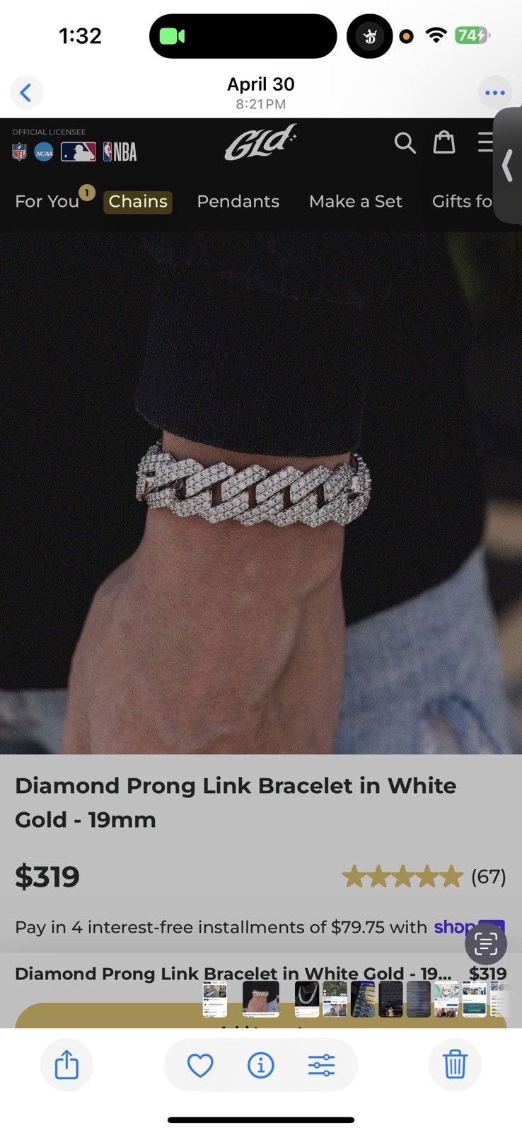Other Diamond CZ Prong Link Chain / Bracelet in White Gold - 19mm Size ONE SIZE - 5 Thumbnail