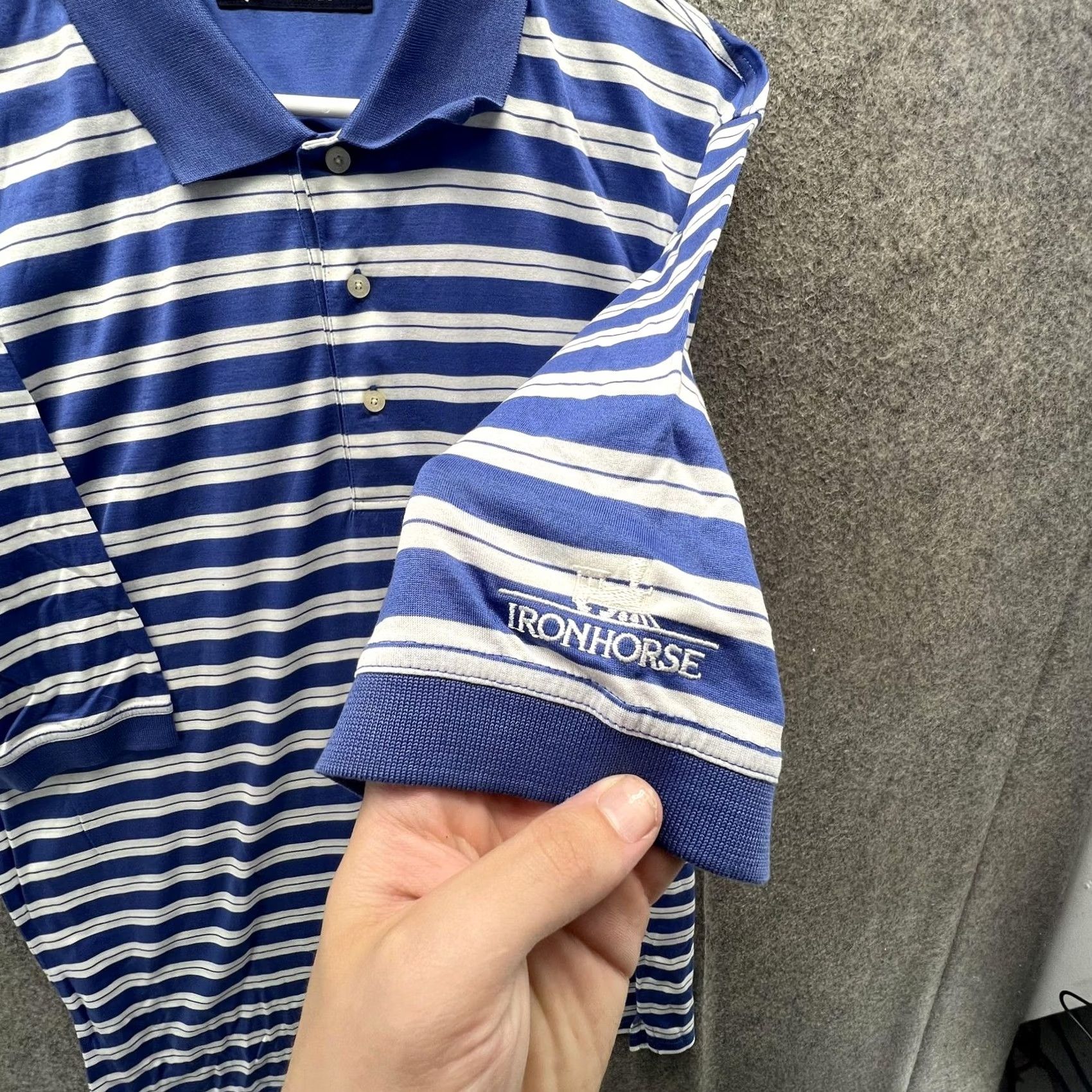 Vintage Oxford Golf Polo Shirt Mens L Blue Stripe Ironhorse Logo 100% Cotton Golf Casual Polo Shirt Size US L / EU 52-54 / 3 - 2 Thumbnail