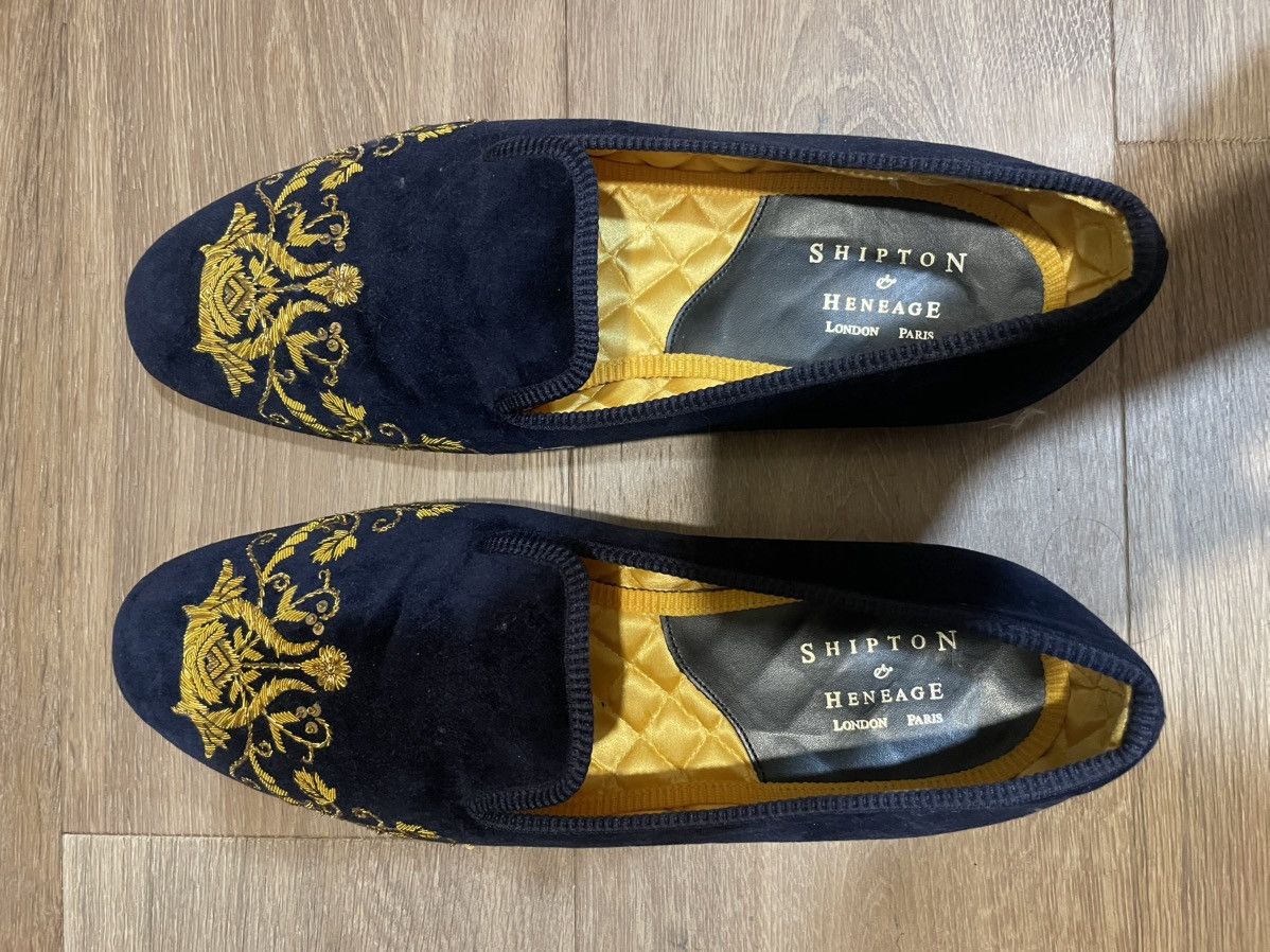 Shipton & Heneage Blue velvet Albert slipper/loafer gold tulip Size US 13 / EU 46 - 1 Thumbnail