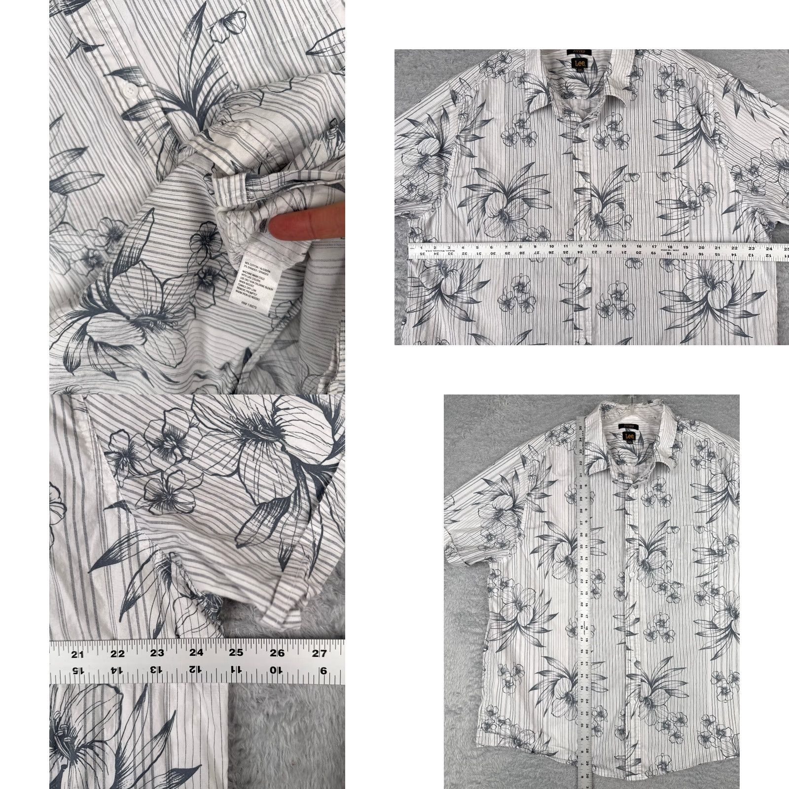 Lee Lee Shirt Men 2XL White Fitted Button Up Cotton Hawaiian Floral Short Sleeve Pinstripe Beach Vacation Aloha Resort Size US XXL / EU 58 / 5 - 8 Thumbnail