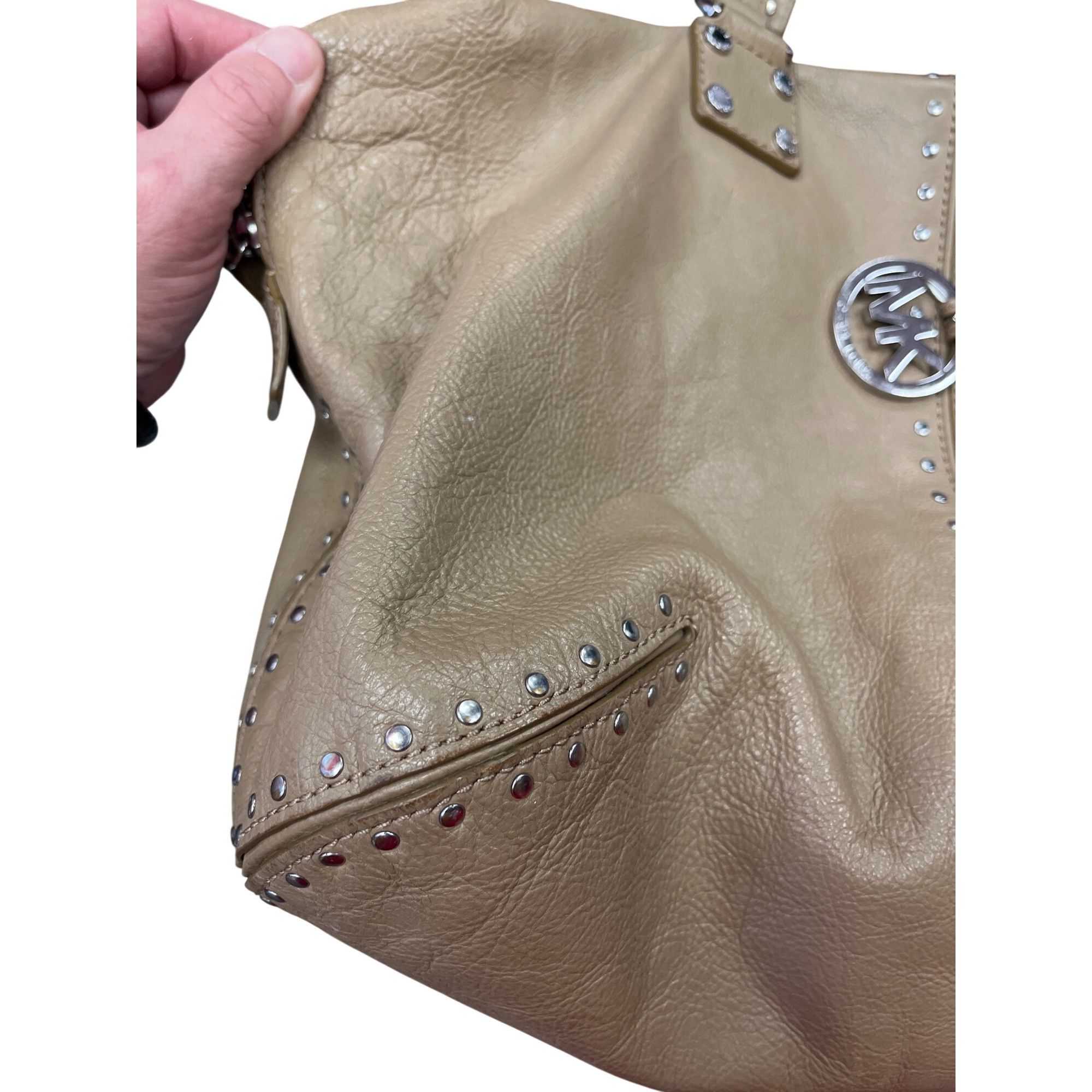 Michael Kors Michael Kors wms taupe tan leather studded hobo tote bag SKU Size ONE SIZE - 2 Thumbnail