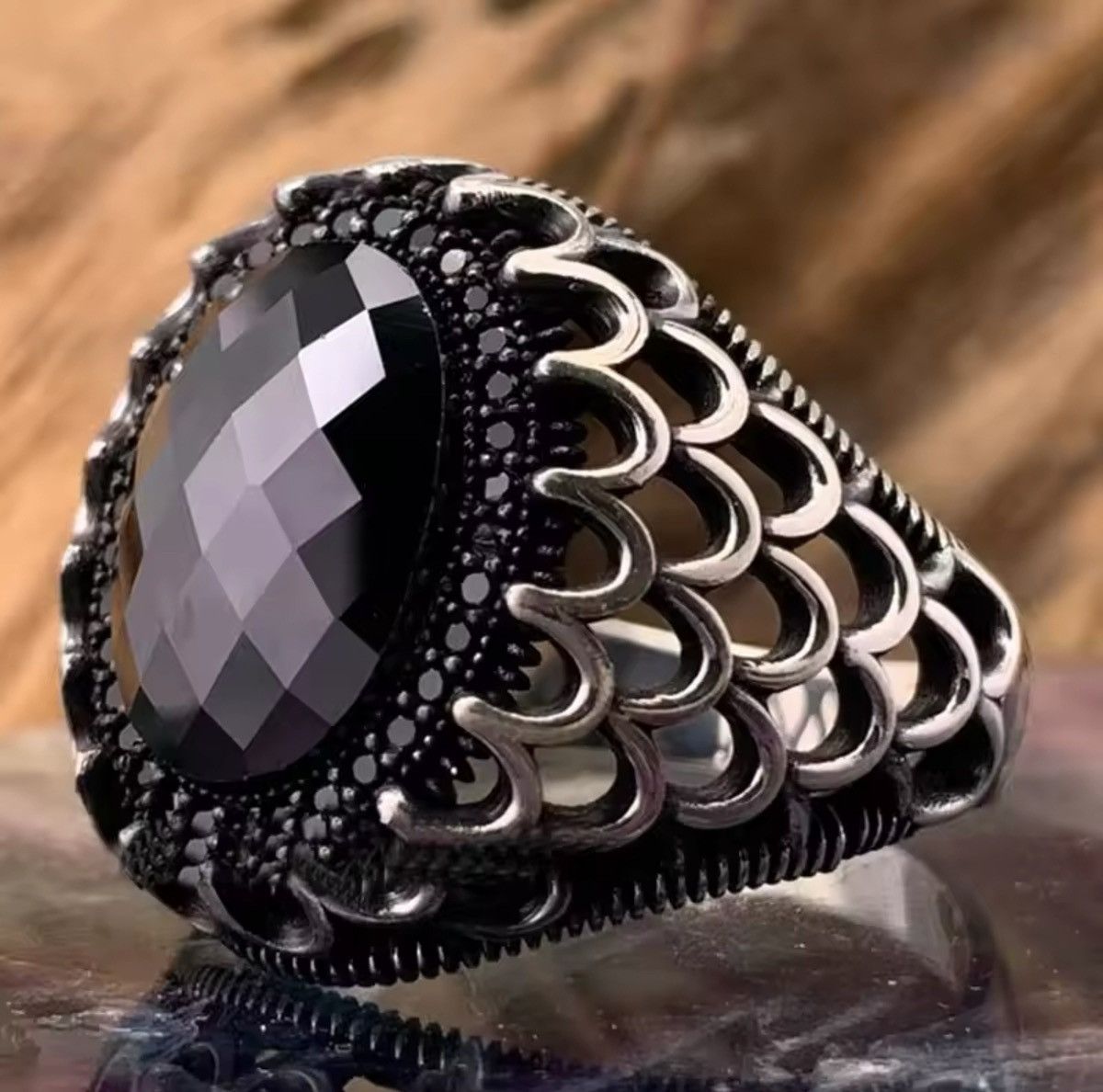 Jewelry Hollow Out Black Faceted Oval Crystal Ring Size ONE SIZE - 5 Thumbnail