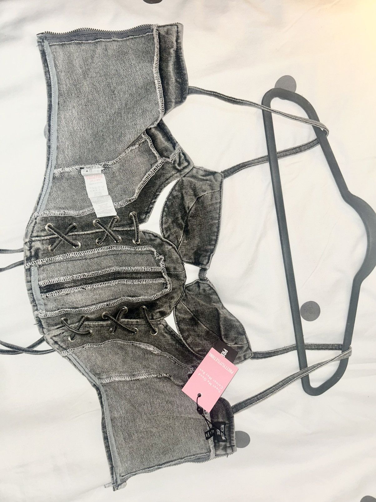 PrettyLittleThing petite grey acid wash denim lace up corset Size S / US 4 / IT 40 - 3 Thumbnail