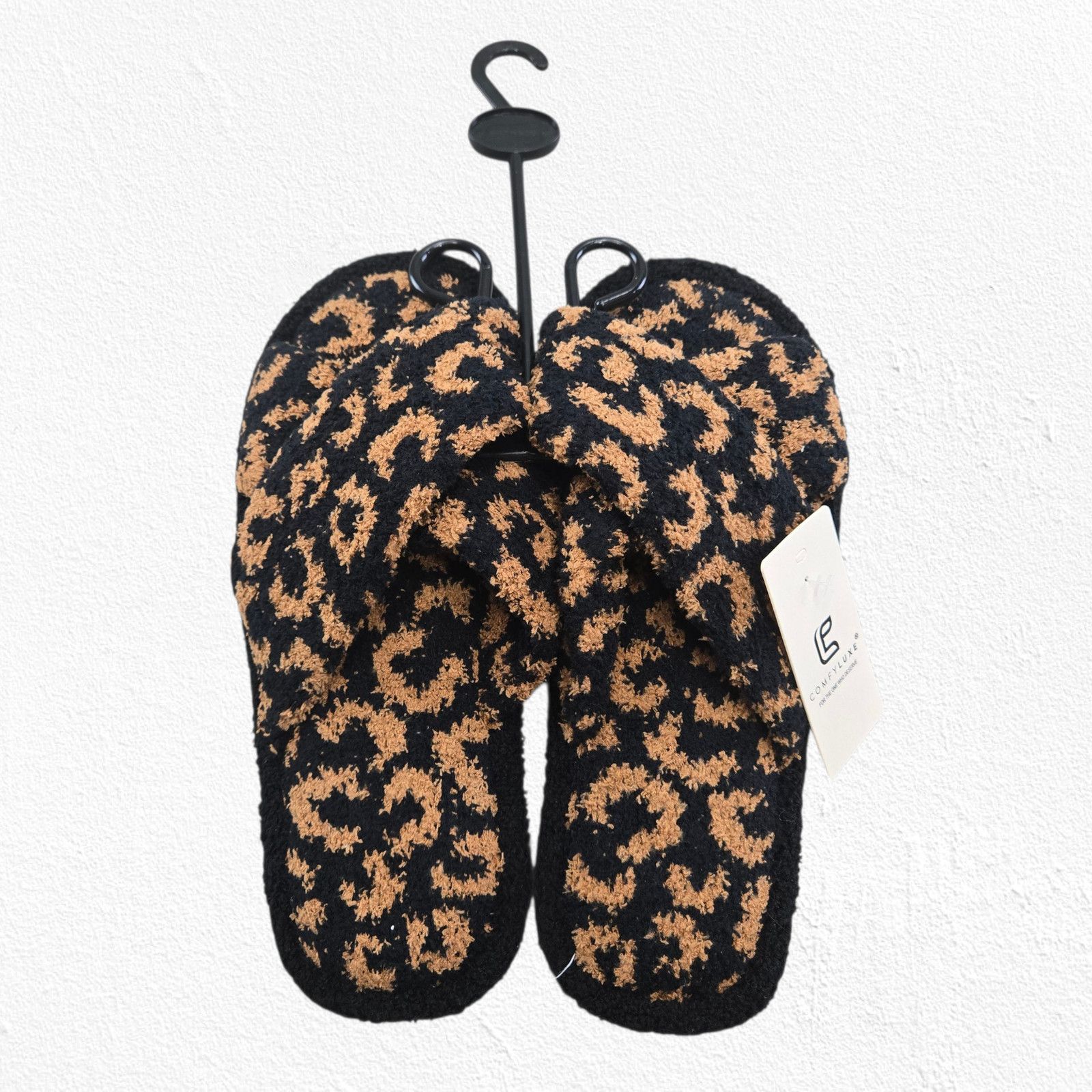 Other Black Leopard Print Cozy Fuzzy Slippers M/L Plush Crossband Size US 9 / IT 39 - 3 Thumbnail
