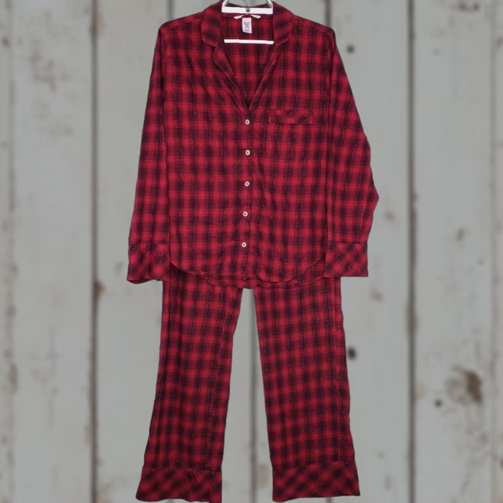 Victoria's Secret VINTAGE Victoria’s Secret Pajama Set Small Metallic Red Black Plaid 2 Piece L/S & Pants Size 28" / US 6 / IT 42 - 1 Thumbnail