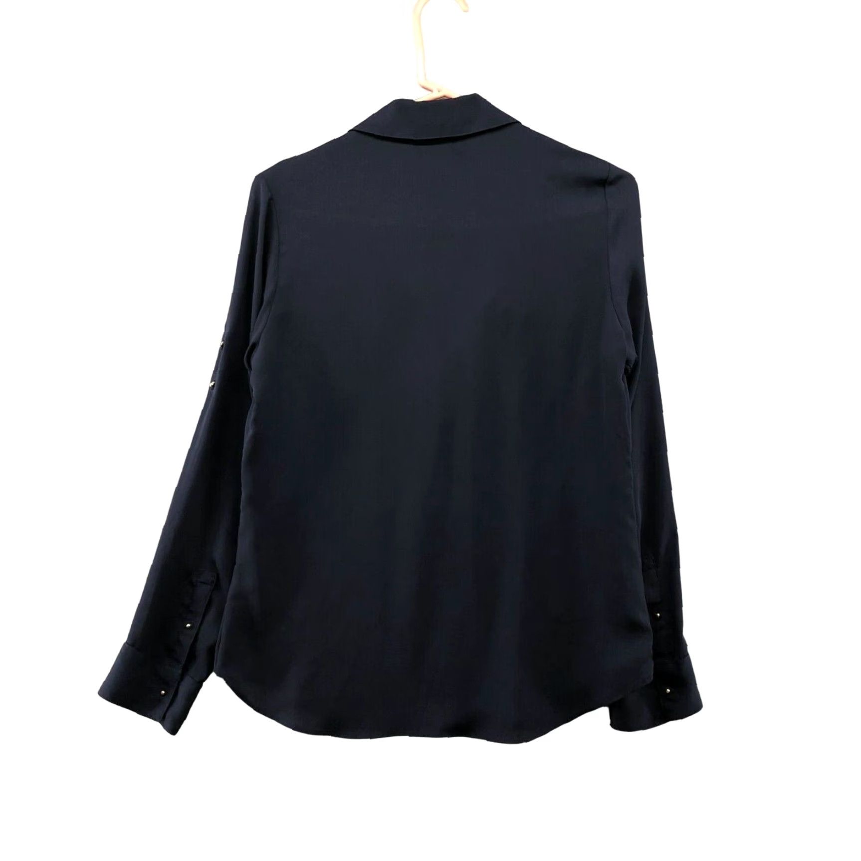 Express Express Blouse Womens S Chiffon Navy Blue Roll Tab Sleeve V-Neck Button Pockets Zip Pocket Workwear Classic Basic 90s? Size S / US 4 / IT 40 - 2 Thumbnail