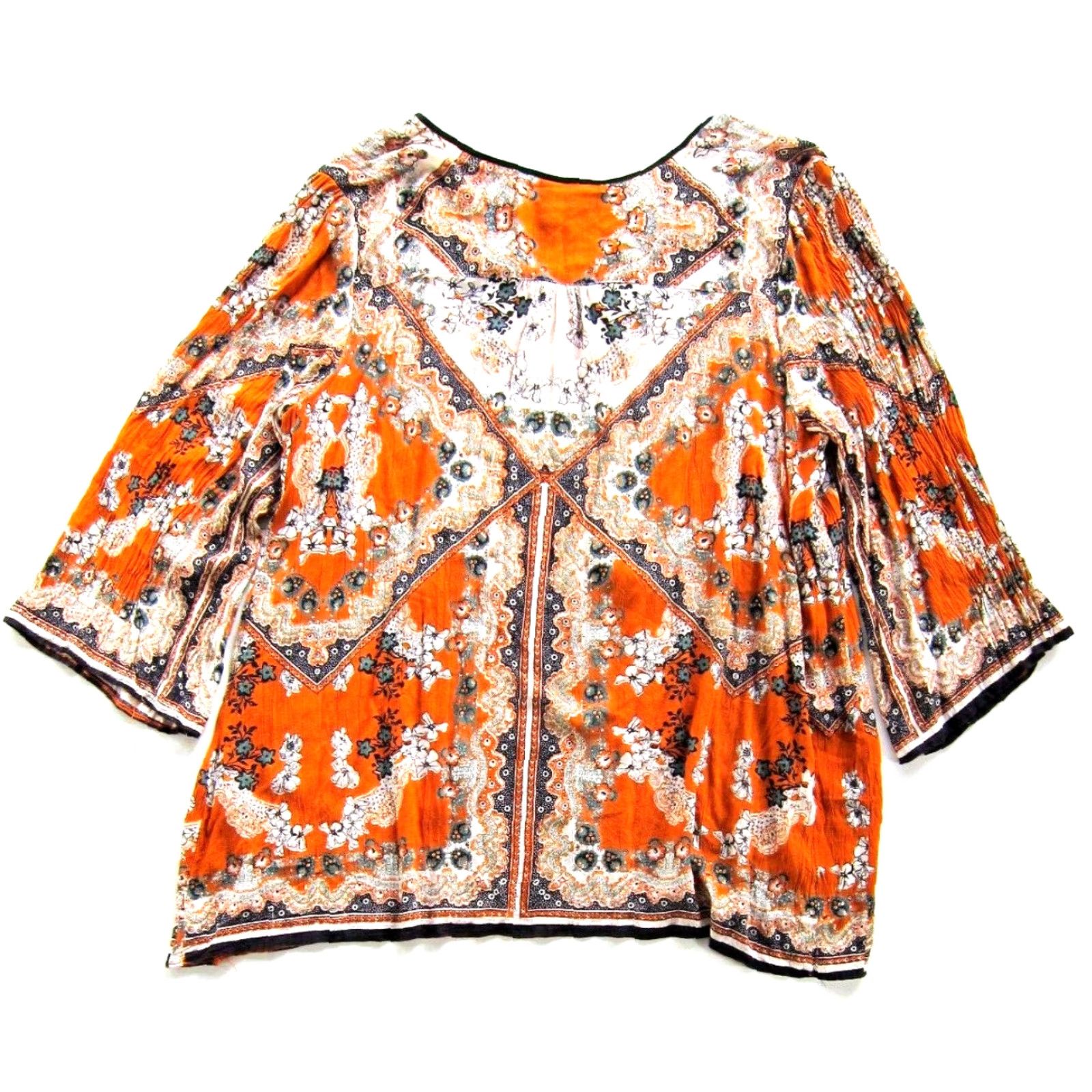 Vintage Angie Blouse Shirt 2X Adult Womens Floral Long Sleeve Tunic Peasant 100% Rayon Orange Black Green Size XXL / US 16-18 / IT 52-54 - 2 Thumbnail