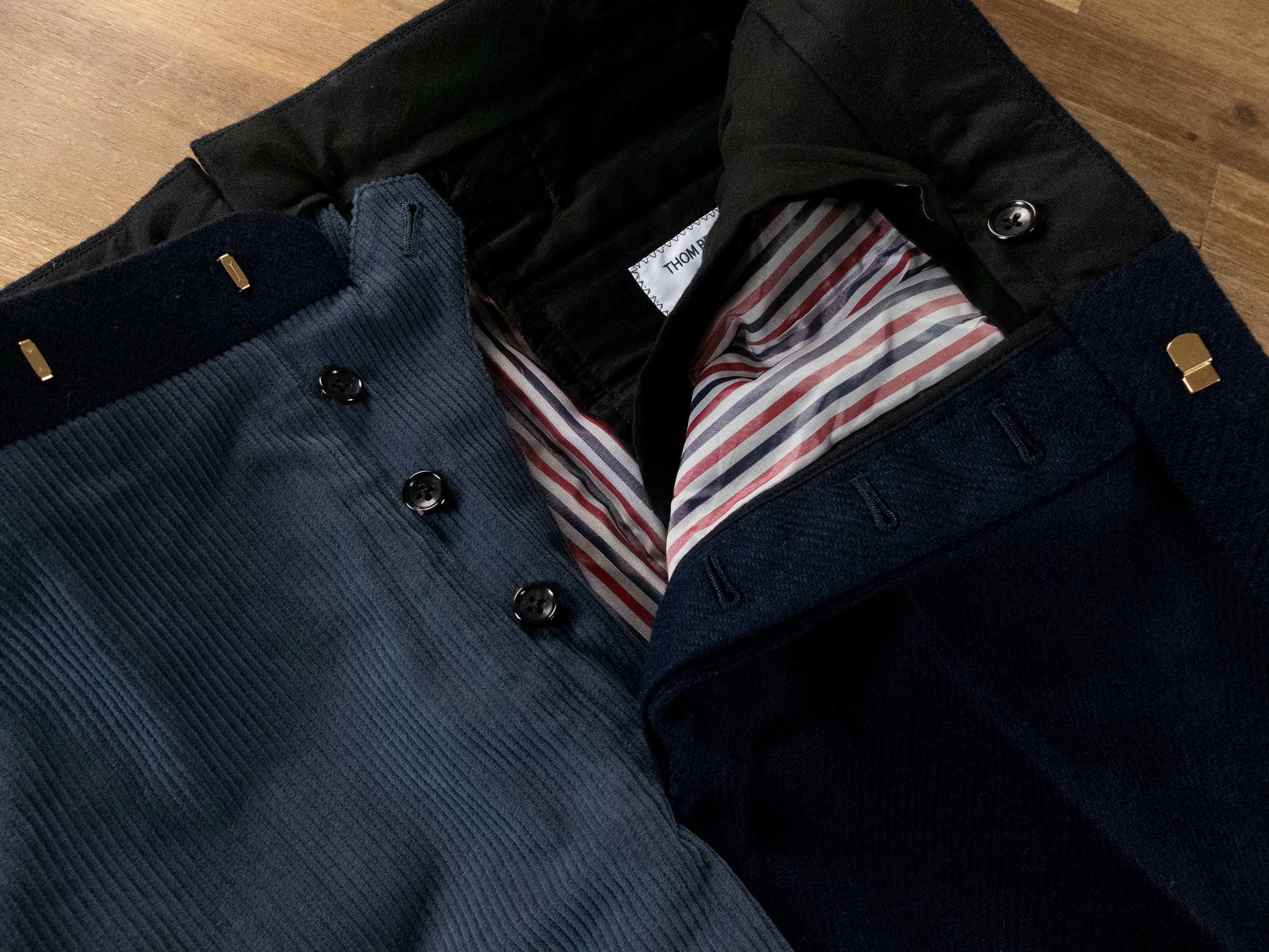THOM BROWNE Fun-Mix blue wool & corduroy backstrap pants