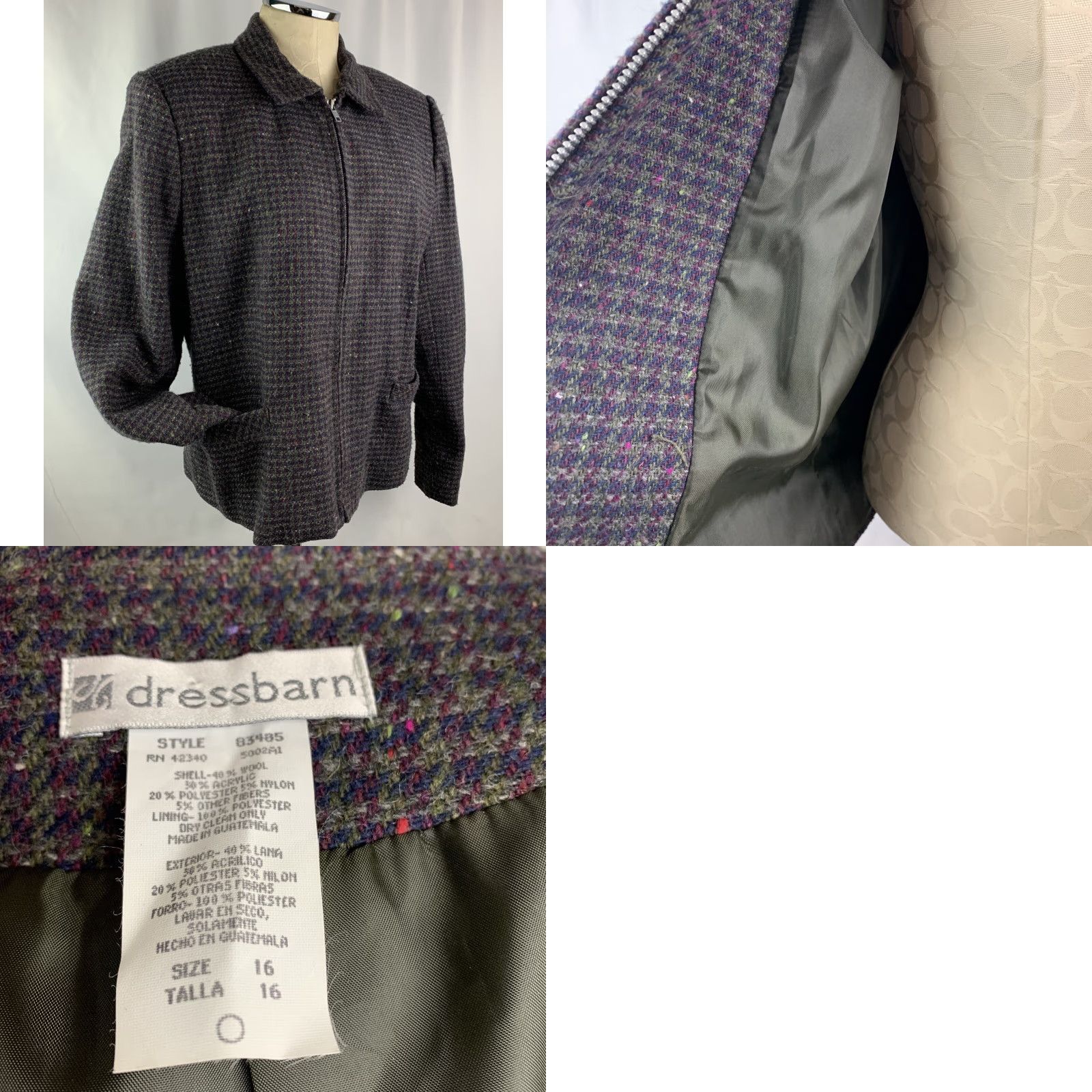 Vintage VINTAGE Dressbarn Zip Front Jacket Women’s Gray Burgundy Wool Blend Tweed Lined 16 Size XXL / US 16-18 / IT 52-54 - 8 Thumbnail